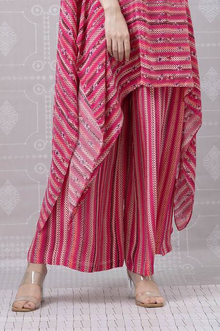 Niki Mahajan_Red Crepe Beads, Sequins Round Neck Hand Embroidered Kaftan With Pant _Online_at_Aza_Fashions