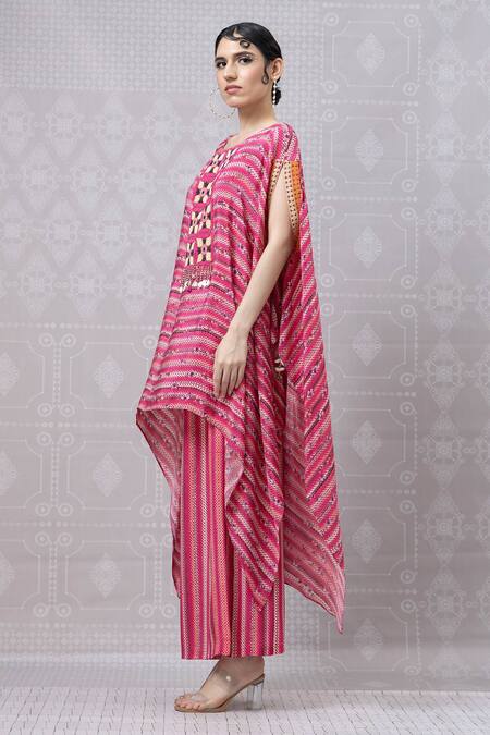 Buy_Niki Mahajan_Red Crepe Beads, Sequins Round Neck Hand Embroidered Kaftan With Pant _Online_at_Aza_Fashions