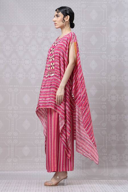 Shop_Niki Mahajan_Red Crepe Beads, Sequins Round Neck Hand Embroidered Kaftan With Pant _Online_at_Aza_Fashions