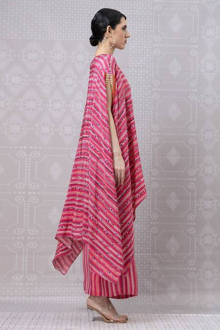 Niki Mahajan_Red Crepe Beads, Sequins Round Neck Hand Embroidered Kaftan With Pant _at_Aza_Fashions