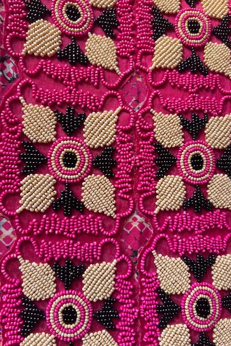 Shop_Niki Mahajan_Red Crepe Beads, Sequins Round Neck Hand Embroidered Kaftan With Pant 