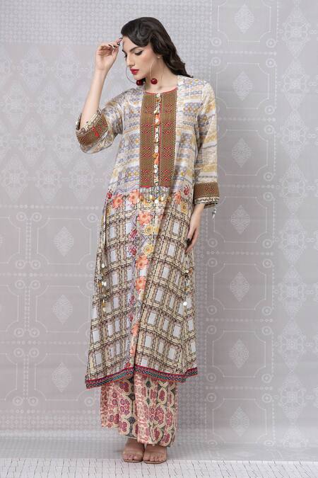 Niki Mahajan_Beige Crepe Pearls, Sequins, Embroidery Hand Block Vintage Print Kurta With Pant _Online_at_Aza_Fashions