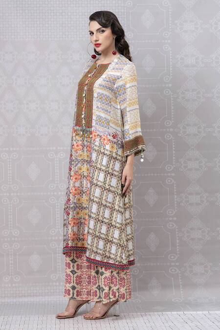 Buy_Niki Mahajan_Beige Crepe Pearls, Sequins, Embroidery Hand Block Vintage Print Kurta With Pant _Online_at_Aza_Fashions