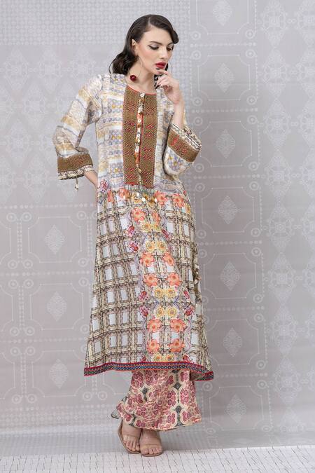 Shop_Niki Mahajan_Beige Crepe Pearls, Sequins, Embroidery Hand Block Vintage Print Kurta With Pant _Online_at_Aza_Fashions