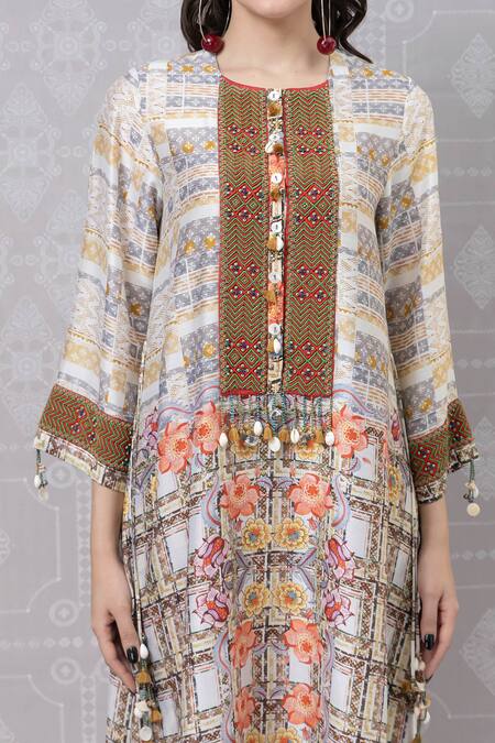 Niki Mahajan_Beige Crepe Pearls, Sequins, Embroidery Hand Block Vintage Print Kurta With Pant _at_Aza_Fashions