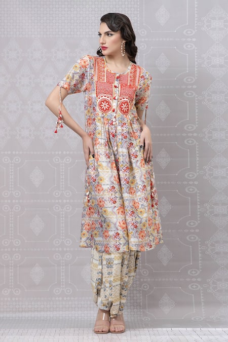 Niki Mahajan_Beige Crepe Pearls, Sequins Round Neck Hand Block Kurta With Draped Pant _Online_at_Aza_Fashions