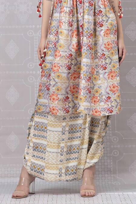 Buy_Niki Mahajan_Beige Crepe Pearls, Sequins Round Neck Hand Block Kurta With Draped Pant _Online_at_Aza_Fashions