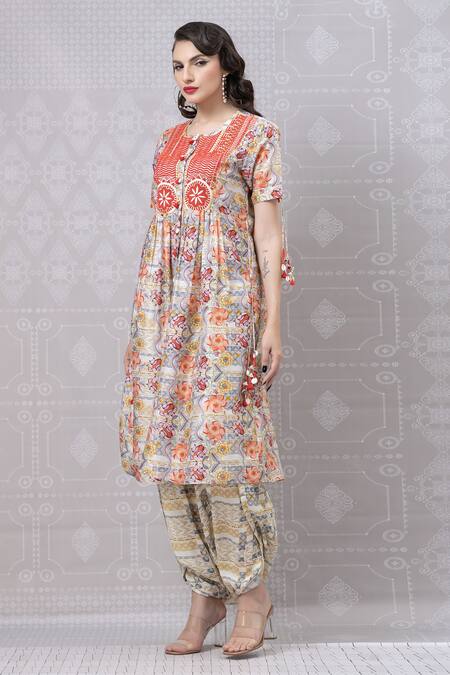 Shop_Niki Mahajan_Beige Crepe Pearls, Sequins Round Neck Hand Block Kurta With Draped Pant _Online_at_Aza_Fashions