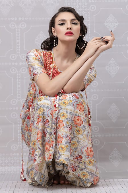 Niki Mahajan_Beige Crepe Pearls, Sequins Round Neck Hand Block Kurta With Draped Pant _at_Aza_Fashions