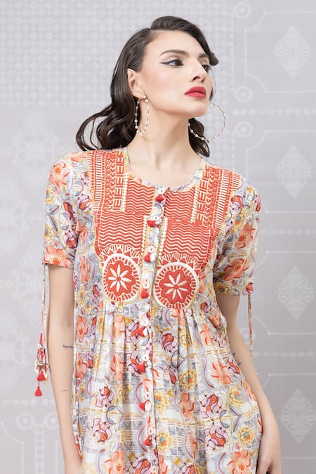 Buy_Niki Mahajan_Beige Crepe Pearls, Sequins Round Neck Hand Block Kurta With Draped Pant 