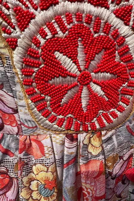 Shop_Niki Mahajan_Beige Crepe Pearls, Sequins Round Neck Hand Block Kurta With Draped Pant 