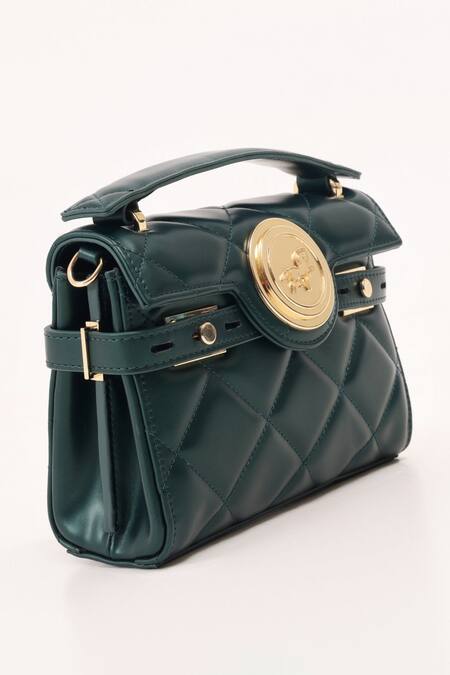 Buy_Wagon Horse_Green Chains Amore Leo Metal Logo Embellished Bag_Online_at_Aza_Fashions