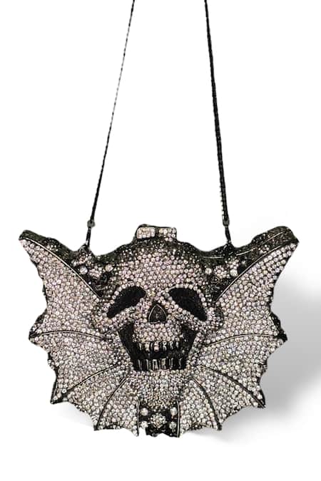 Wagon Horse_Silver Crystals, Rhinestones Skull Bat Shaped Clutch_Online_at_Aza_Fashions