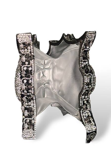 Buy_Wagon Horse_Silver Crystals, Rhinestones Skull Bat Shaped Clutch_Online_at_Aza_Fashions