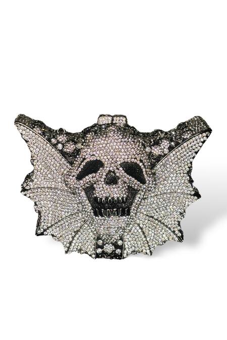 Shop_Wagon Horse_Silver Crystals, Rhinestones Skull Bat Shaped Clutch_Online_at_Aza_Fashions
