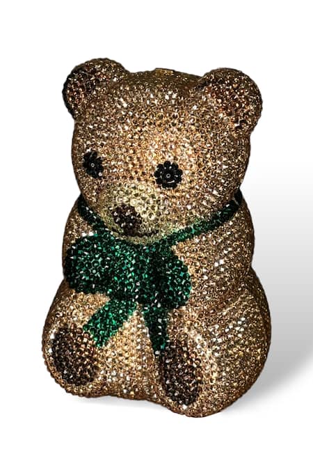 Wagon Horse_Gold Crystals, Rhinestones Spencer Bear Shaped Clutch_Online_at_Aza_Fashions