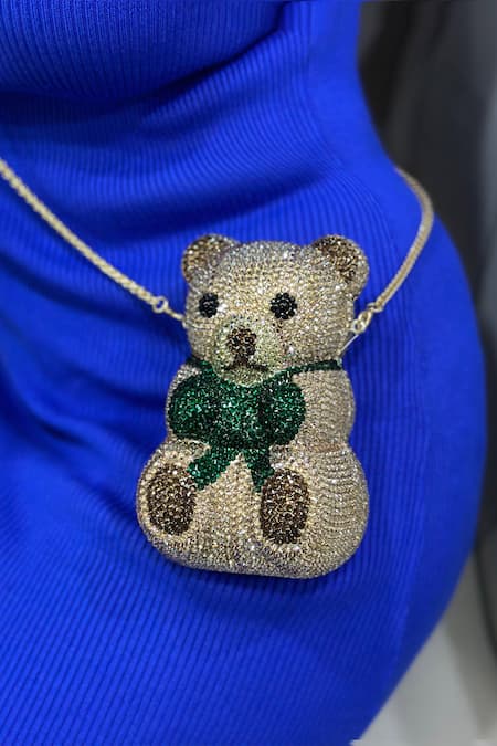 Shop_Wagon Horse_Gold Crystals, Rhinestones Spencer Bear Shaped Clutch_Online_at_Aza_Fashions