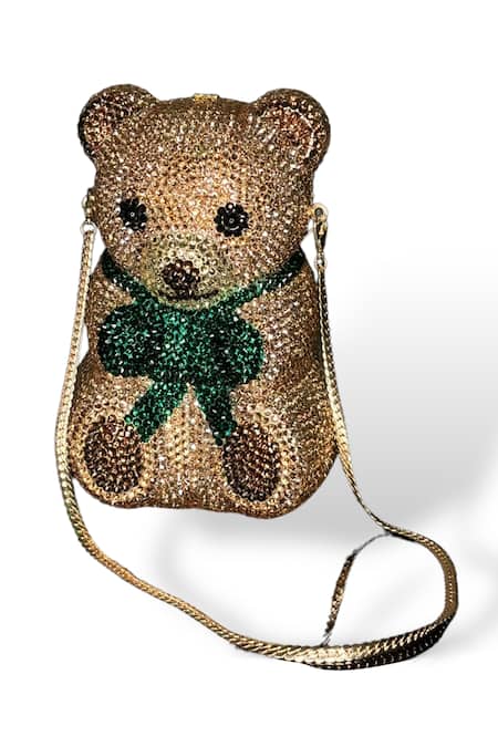 Wagon Horse_Gold Crystals, Rhinestones Spencer Bear Shaped Clutch_at_Aza_Fashions