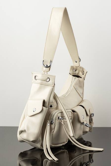 Buy_Wagon Horse_White Studs Glam Metallic Rectangle Shaped Bag_Online_at_Aza_Fashions