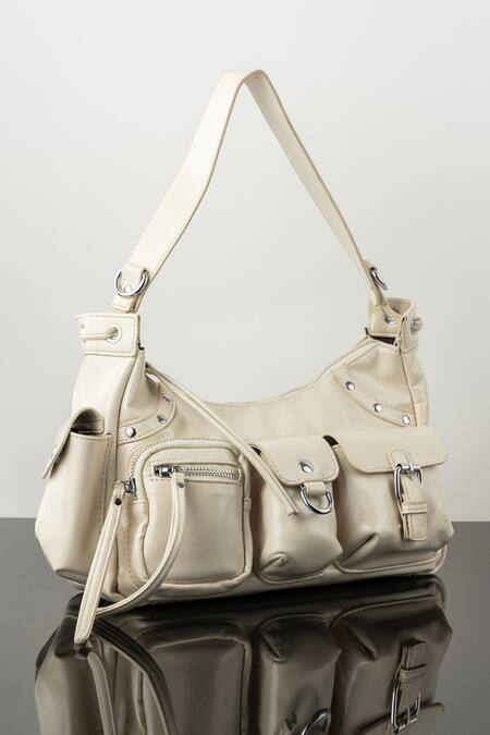 Shop_Wagon Horse_White Studs Glam Metallic Rectangle Shaped Bag_Online_at_Aza_Fashions