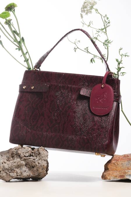 Shop_Wagon Horse_Maroon Medusa Croco Pattern Bag_Online_at_Aza_Fashions