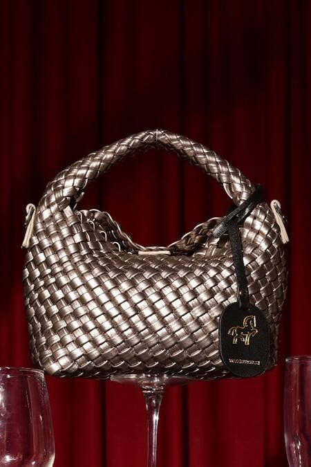 Shop_Wagon Horse_Gold Metallic Basket Woven Bag_Online_at_Aza_Fashions