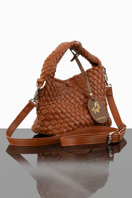 Wagon Horse Brown Metallic Basket Weave Bag at Aza Fashions Wagon Horse_Brown Metallic Basket Weave Bag_at_Aza_Fashions