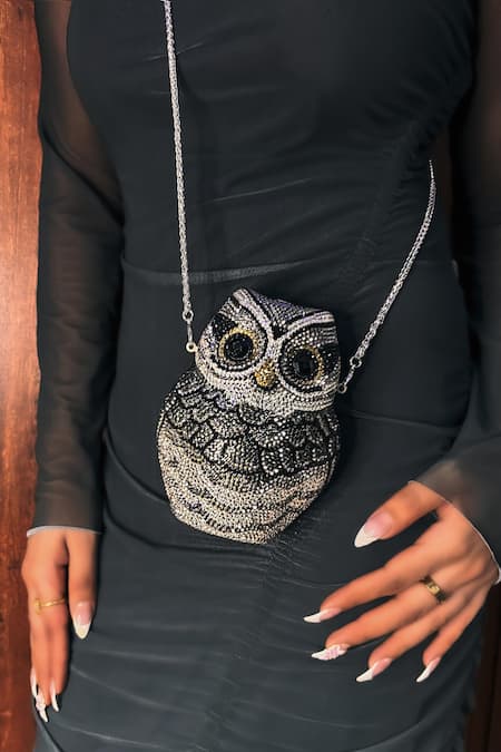 WAGON HORSE Black Rhinestone Lucky Owl Shaped Bag 