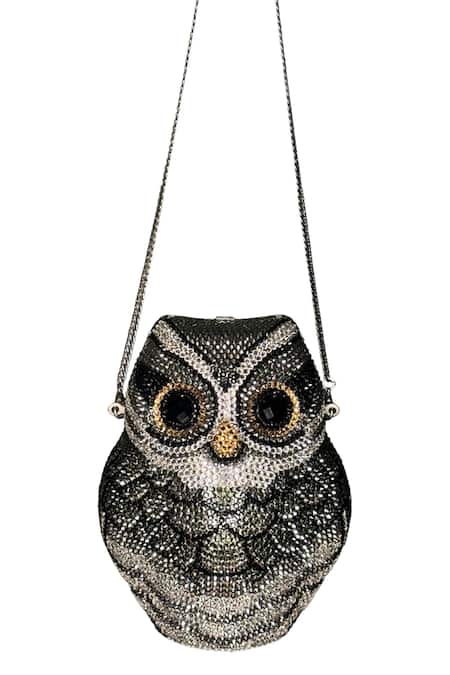 Wagon Horse_Black Crystals, Rhinestones Lucky Owl Shaped Bag_Online_at_Aza_Fashions