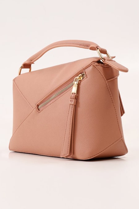 Wagon Horse_Peach Embroidery Verano Rose Cuboid Shaped Bag_Online_at_Aza_Fashions