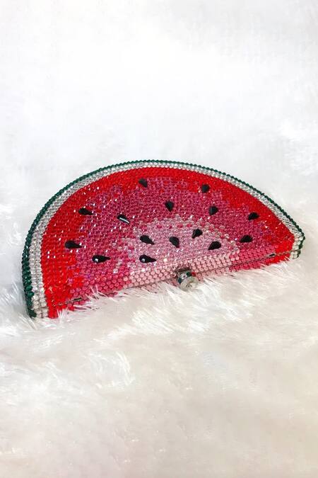Wagon Horse Red Crystals, Rhinestones Watermelon Shaped Bag Online at Aza Fashions Wagon Horse_Red Crystals, Rhinestones Watermelon Shaped Bag_Online_at_Aza_Fashions