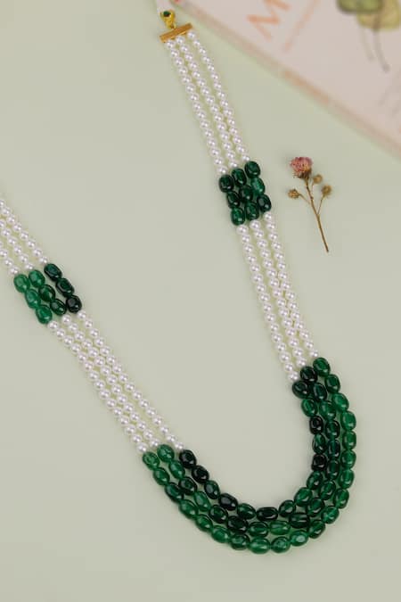 Riana Jewellery Green Pearl Contrast Beads Layered Embellished Mala 