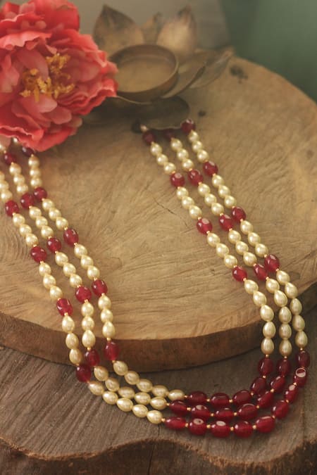 Riana Jewellery Red Pearl Layered Contrast Beads Embellished Mala 