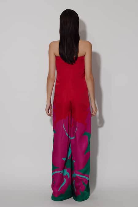 Shop Twinkle Hanspal Red Linen Satin Printed Sakura Straight Theo Strapless Jumpsuit at Aza Fashions Shop_Twinkle Hanspal_Red Linen Satin Printed Sakura Straight Theo Strapless Jumpsuit_at_Aza_Fashions