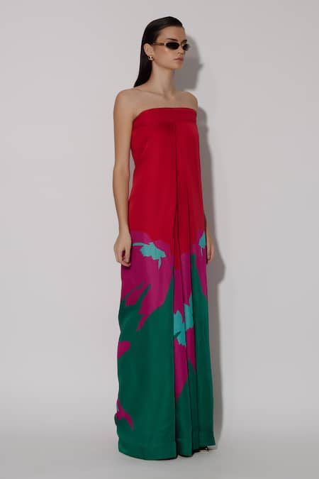 Twinkle Hanspal Red Linen Satin Printed Sakura Straight Theo Strapless Jumpsuit Online at Aza Fashions Twinkle Hanspal_Red Linen Satin Printed Sakura Straight Theo Strapless Jumpsuit_Online_at_Aza_Fashions