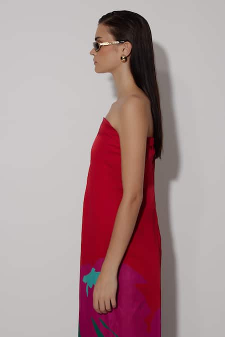 Shop Twinkle Hanspal Red Linen Satin Printed Sakura Straight Theo Strapless Jumpsuit Online at Aza Fashions Shop_Twinkle Hanspal_Red Linen Satin Printed Sakura Straight Theo Strapless Jumpsuit_Online_at_Aza_Fashions