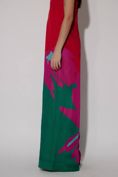 Twinkle Hanspal Red Linen Satin Printed Sakura Straight Theo Strapless Jumpsuit at Aza Fashions Twinkle Hanspal_Red Linen Satin Printed Sakura Straight Theo Strapless Jumpsuit_at_Aza_Fashions