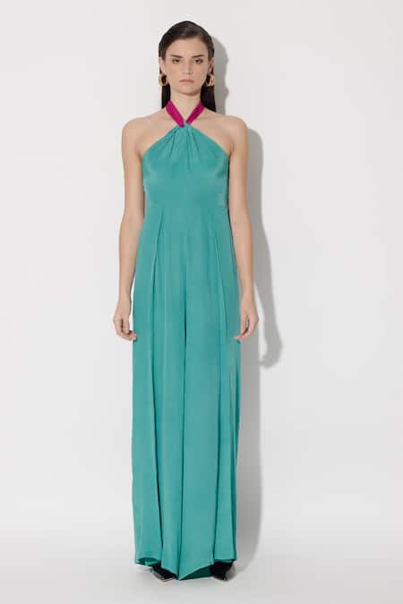 Twinkle Hanspal Green Crepe Halter Julia Shirred Back Jumpsuit 