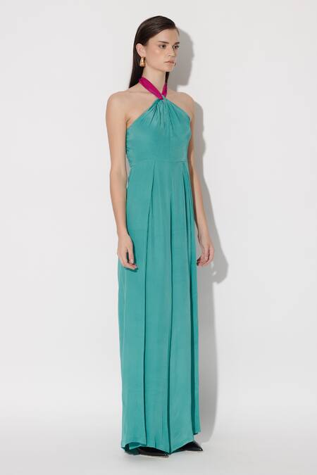 Twinkle Hanspal_Green Crepe Halter Julia Shirred Back Jumpsuit_Online_at_Aza_Fashions