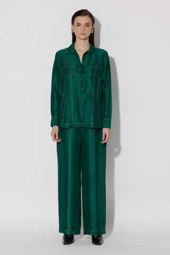 Twinkle Hanspal_Green Silk Embroidery Collared Darcy Running Stitch Detailed Shirt With Pant_Online_at_Aza_Fashions