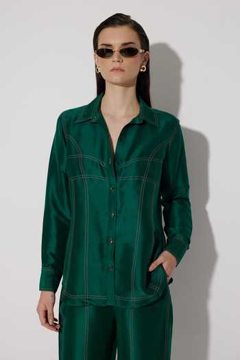 Twinkle Hanspal_Green Silk Embroidery Collared Darcy Running Stitch Detailed Shirt With Pant_at_Aza_Fashions