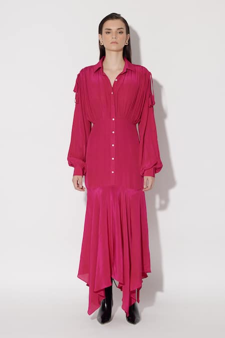 TWINKLE HANSPAL Fuchsia Crepe Collared Sierra Pleat Detailed Asymmetric Dress 