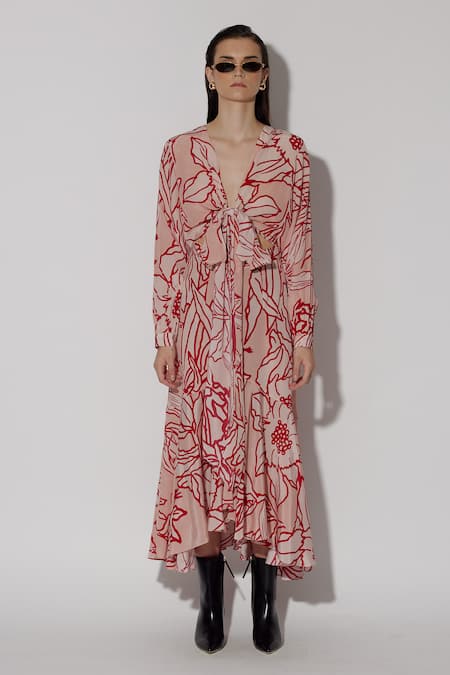 TWINKLE HANSPAL Rose Gold Crepe Printed Mangnolia V Victoria Dress 