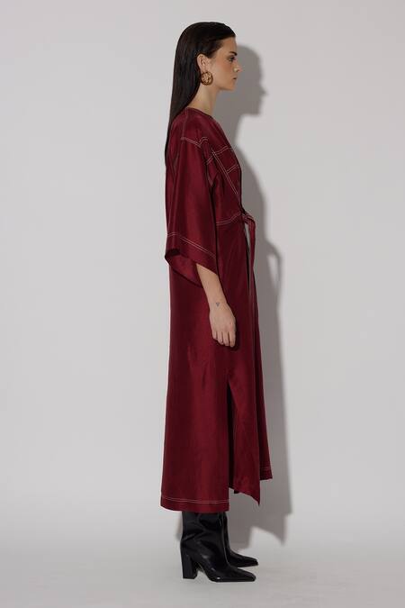 Twinkle Hanspal_Maroon Silk Embroidery Round Neck Audrey Side Slit Kaftan Dress_Online_at_Aza_Fashions