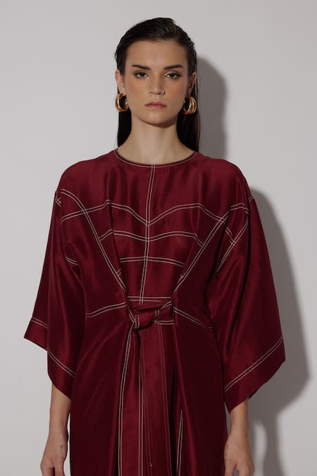 Buy_Twinkle Hanspal_Maroon Silk Embroidery Round Neck Audrey Side Slit Kaftan Dress_Online_at_Aza_Fashions