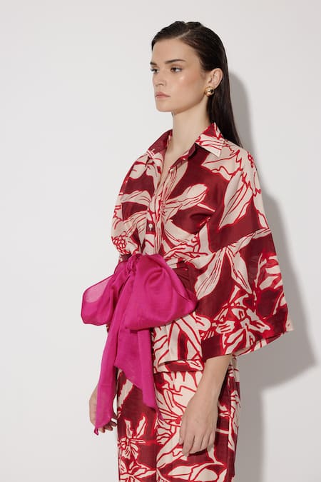 Twinkle Hanspal Maroon Chanderi Printed Mangnolia Collared Iris Shirt With Pant Online at Aza Fashions Twinkle Hanspal_Maroon Chanderi Printed Mangnolia Collared Iris Shirt With Pant_Online_at_Aza_Fashions