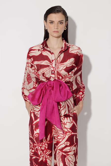 Buy Twinkle Hanspal Maroon Chanderi Printed Mangnolia Collared Iris Shirt With Pant Online at Aza Fashions Buy_Twinkle Hanspal_Maroon Chanderi Printed Mangnolia Collared Iris Shirt With Pant_Online_at_Aza_Fashions