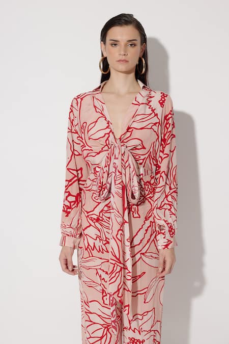 Twinkle Hanspal_Rose Gold Crepe Printed Mangnolia Collared Eden Shirt With Pant_Online_at_Aza_Fashions