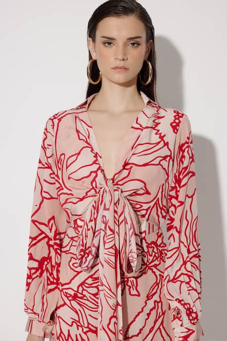 Buy_Twinkle Hanspal_Rose Gold Crepe Printed Mangnolia Collared Eden Shirt With Pant_Online_at_Aza_Fashions