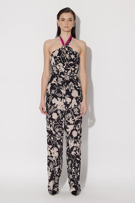 TWINKLE HANSPAL Black Crepe Printed Floral Halter Jane Jumpsuit 